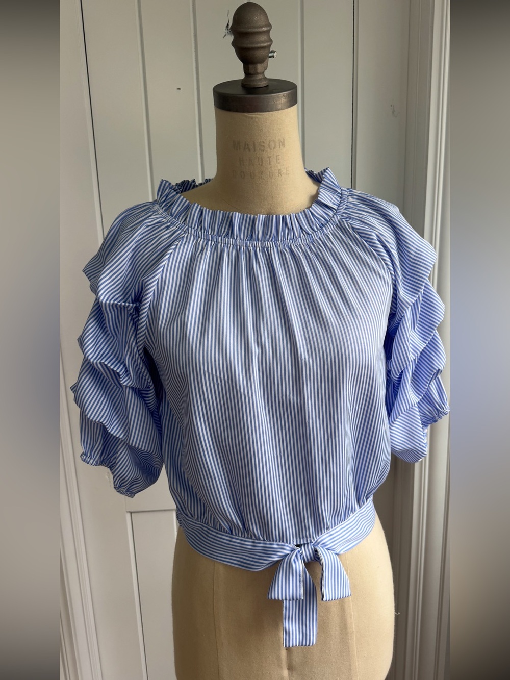 Habitual Girls Light Blue & White Striped Ruffle Tie-Front Blouse Size 16